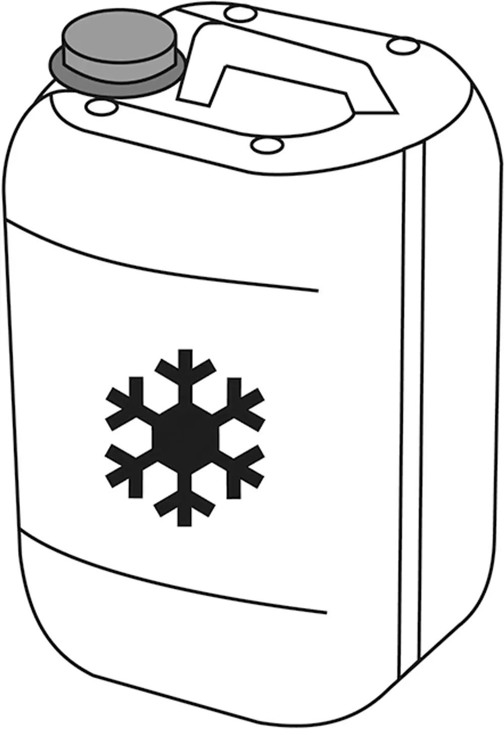 Kanister mit schwarzem Schneeflocken-Symbol, vermutlich für eine Flüssigkeit von Daikin, mit Schraubverschluss oben.